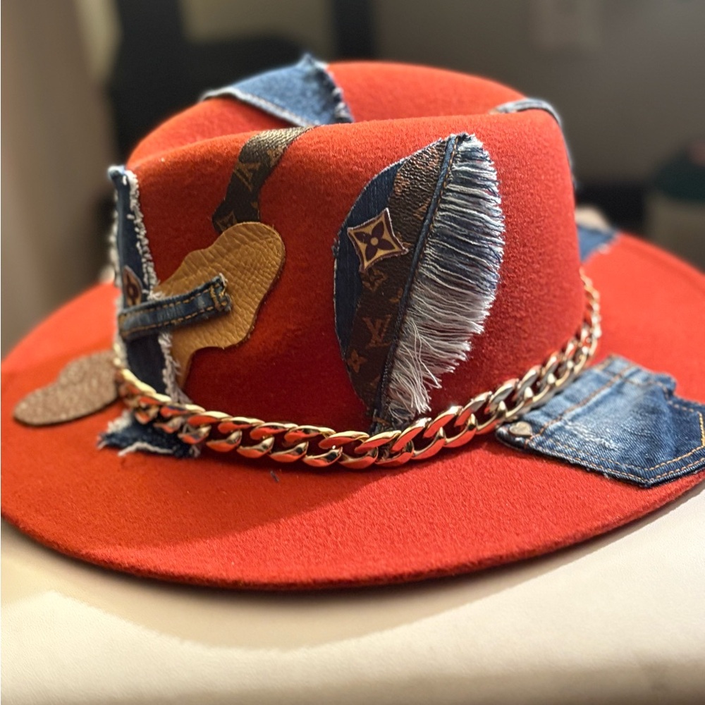 Red Patchwork Fedora With Chain Detail - image 3